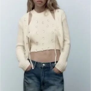 ZARA Cream Eyelet Cropped Cardigan Set